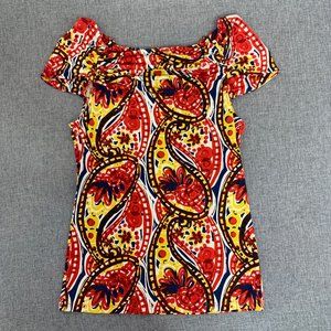 Nine‎ West Blouse Cap Sleeve Scrunched Neckline Detail Red Yellow White Small